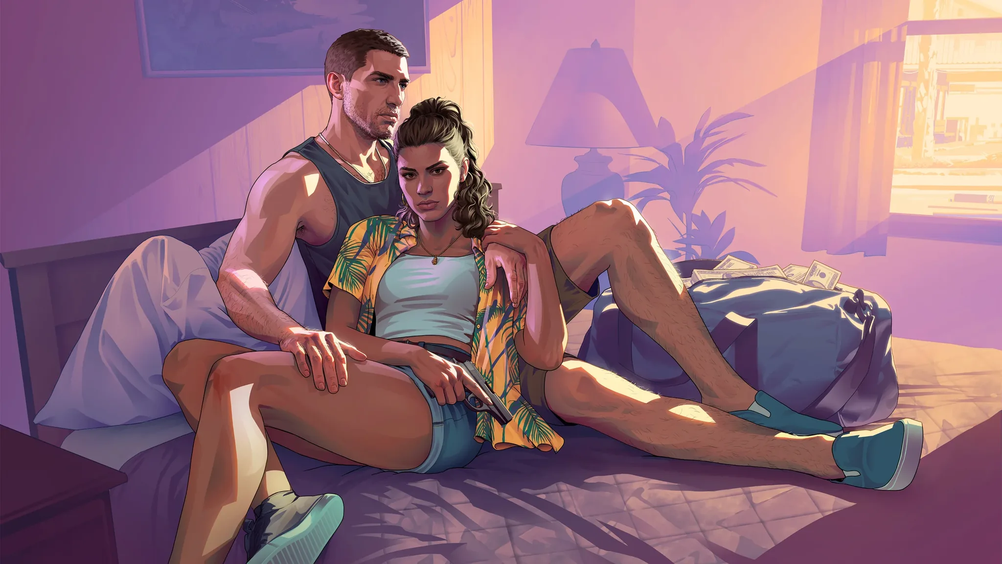 Jason and Lucia in front of a Vice City motel in GTA 6