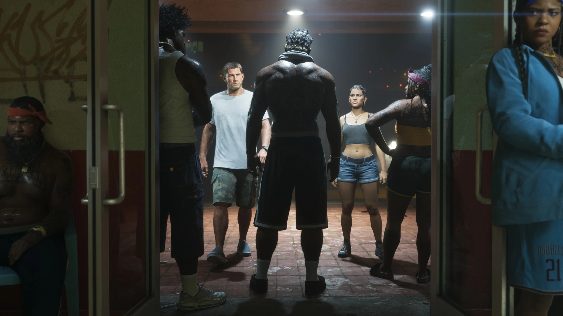 A group of characters facing off in the back room of a Vice City club in GTA 6