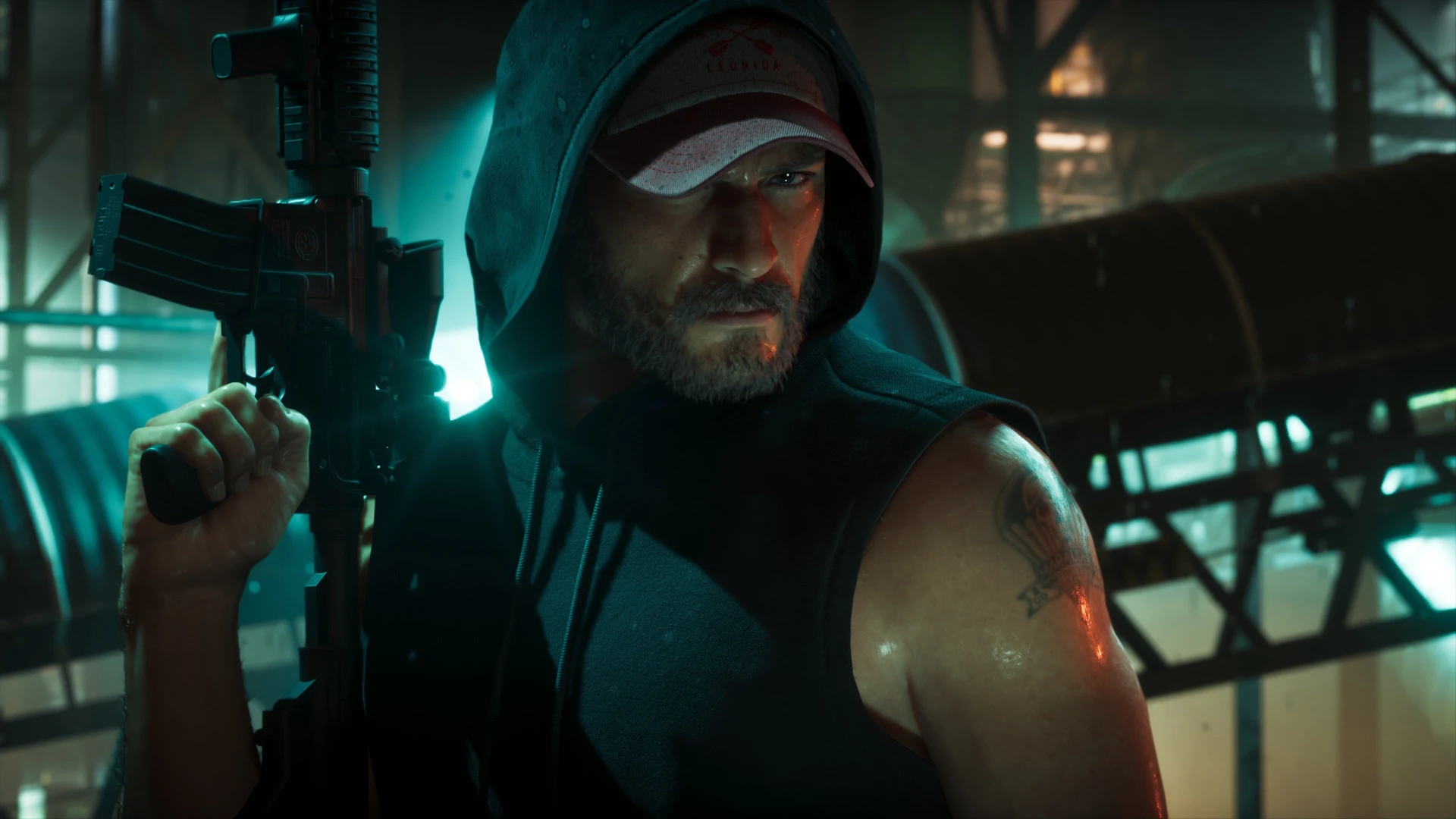 Jason Duval, hood up and Leonida cap, gun over his shoulder inside an industrial warehouse in GTA 6