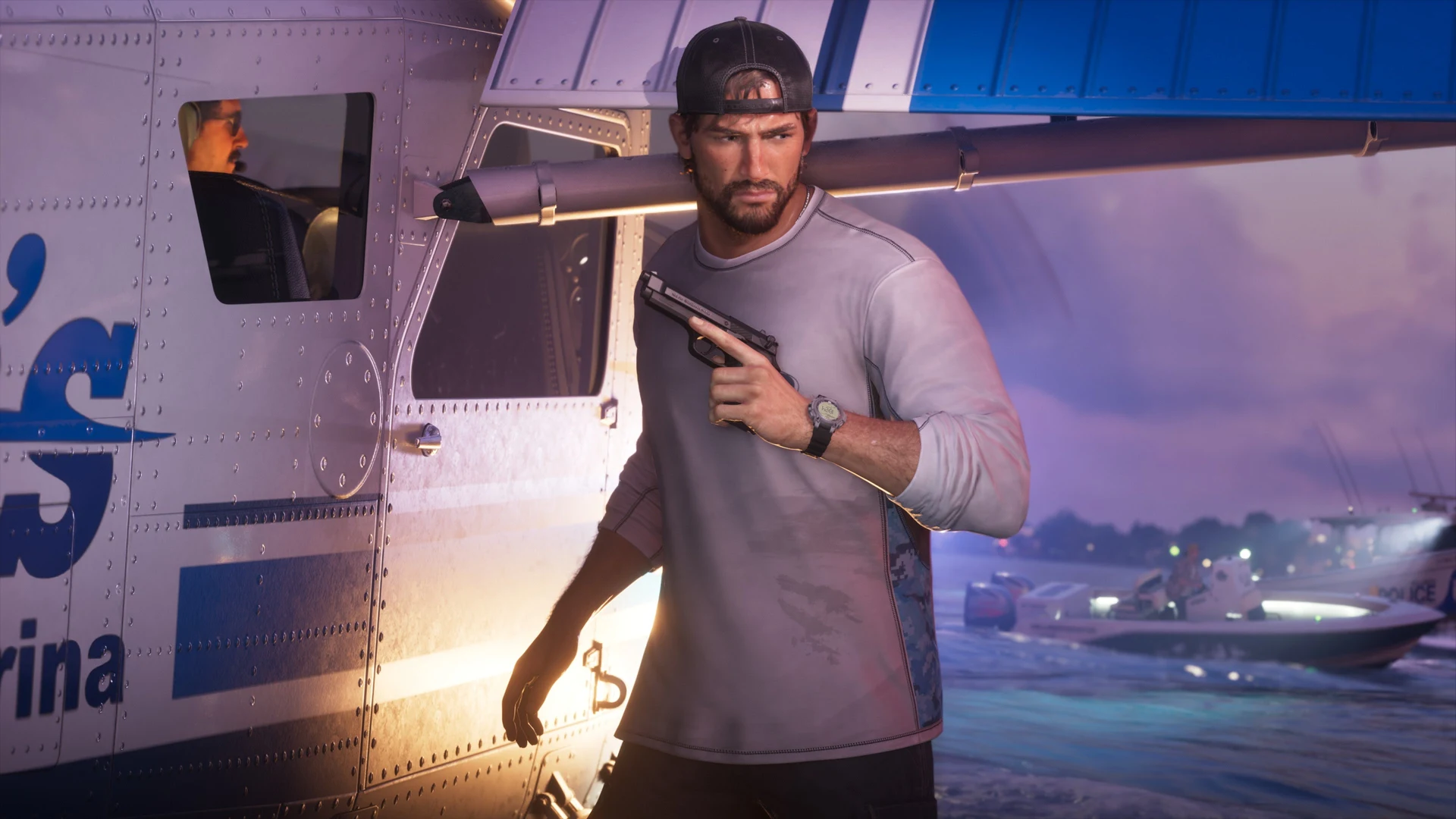 Jason Duval near a moored seaplane, gun in hand, police boats in the distance in GTA 6