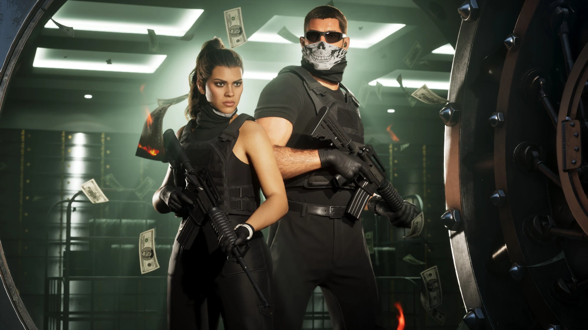 Jason and Lucia inside a bank vault, cash flying, Jason wearing a skull bandana in GTA 6