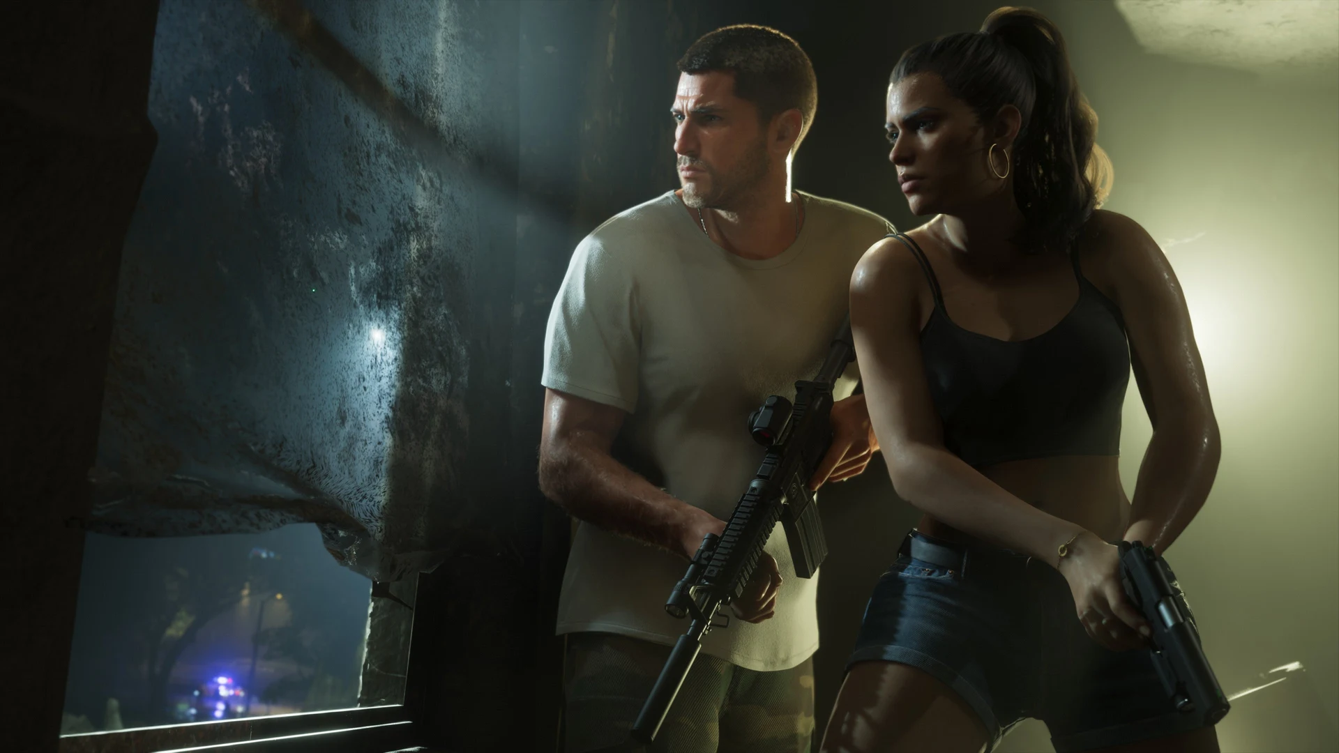 Jason and Lucia armed at a window, police lights visible outside in GTA 6