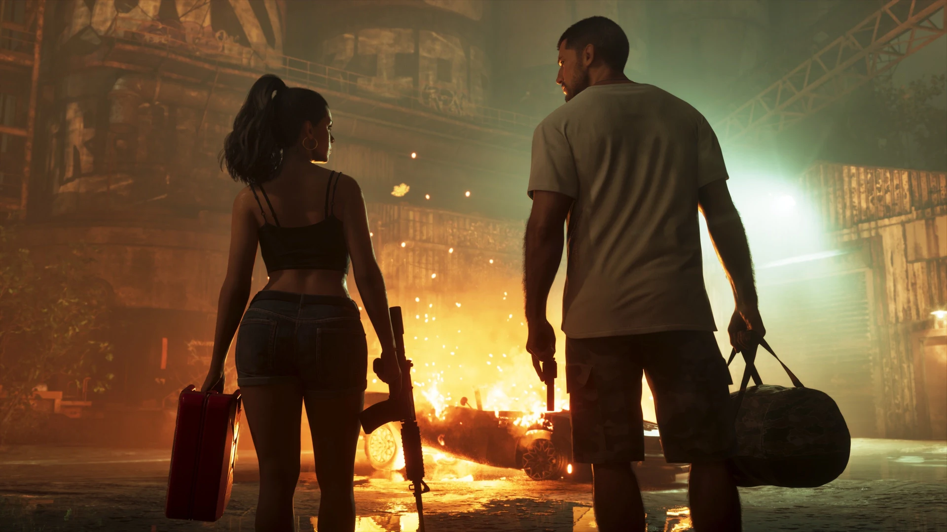 Jason and Lucia walking away from a burning car, duffel bag and briefcase in hand in GTA 6