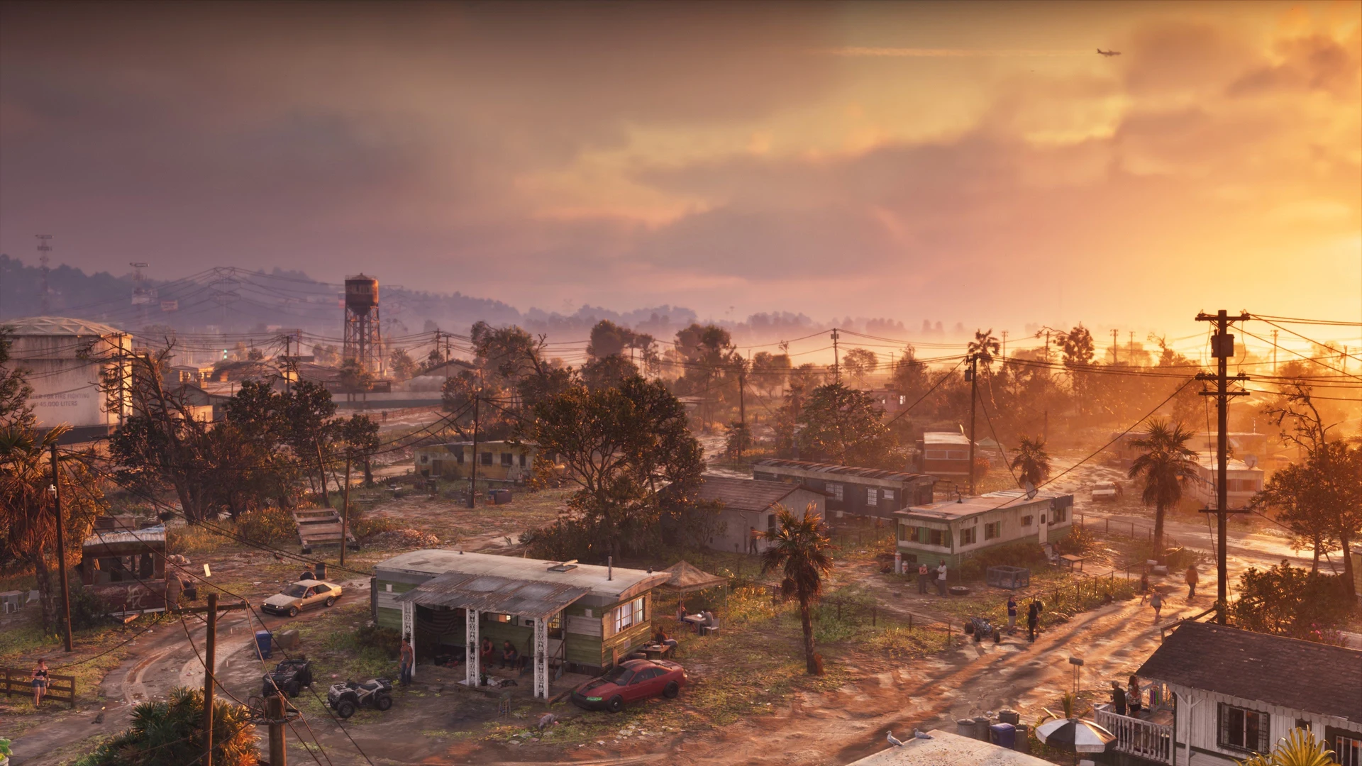 A trailer park in the state of Leonida, dust and golden light at sunset in GTA 6