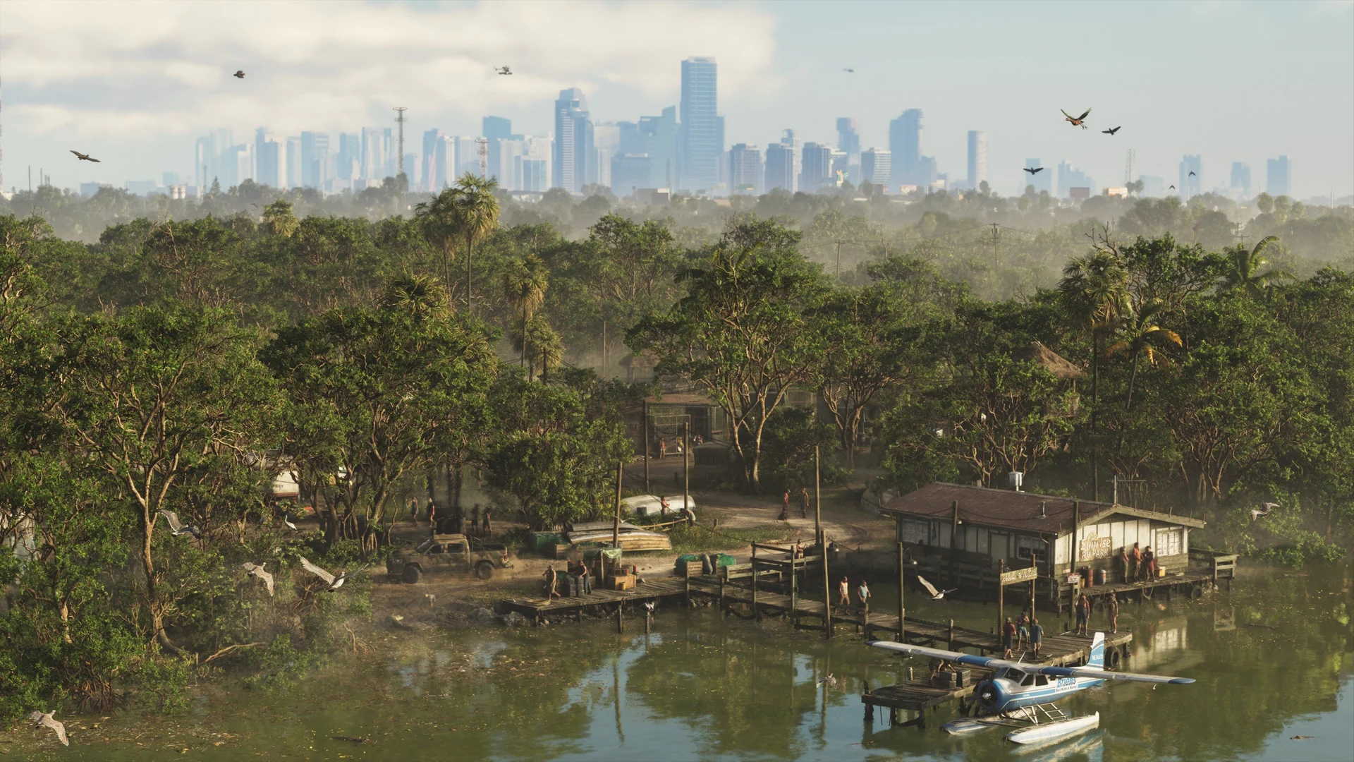 Wetlands of the state of Leonida, a stilt-house dock and a moored seaplane, Vice City skyline on the horizon in GTA 6
