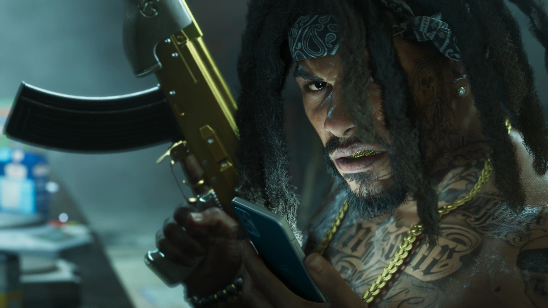 A new character with dreadlocks, gold teeth and tattoos, holding a gun and a phone in GTA 6