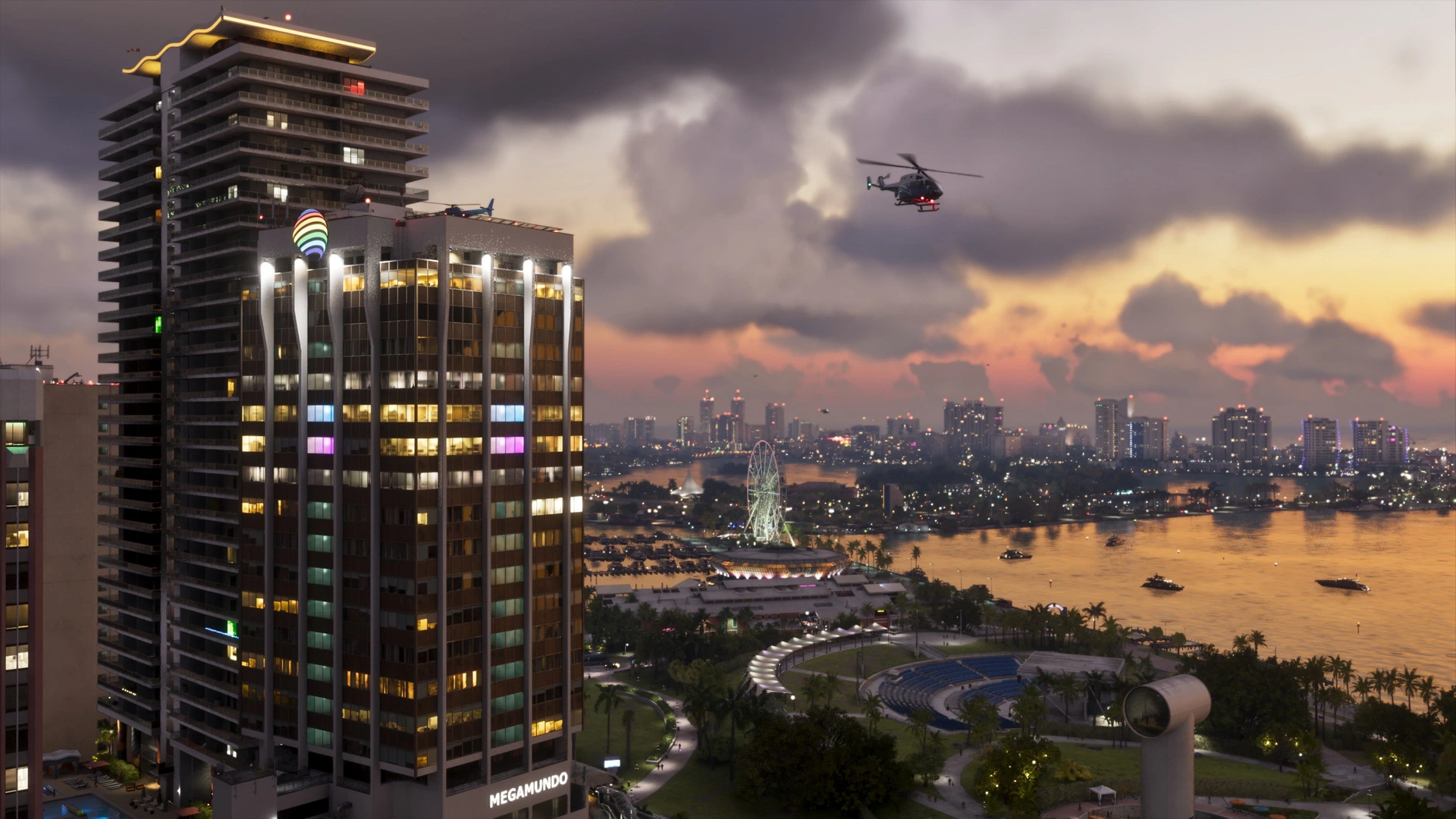 Vice City skyline at dusk, a Ferris wheel and waterfront below, a helicopter overhead in GTA 6