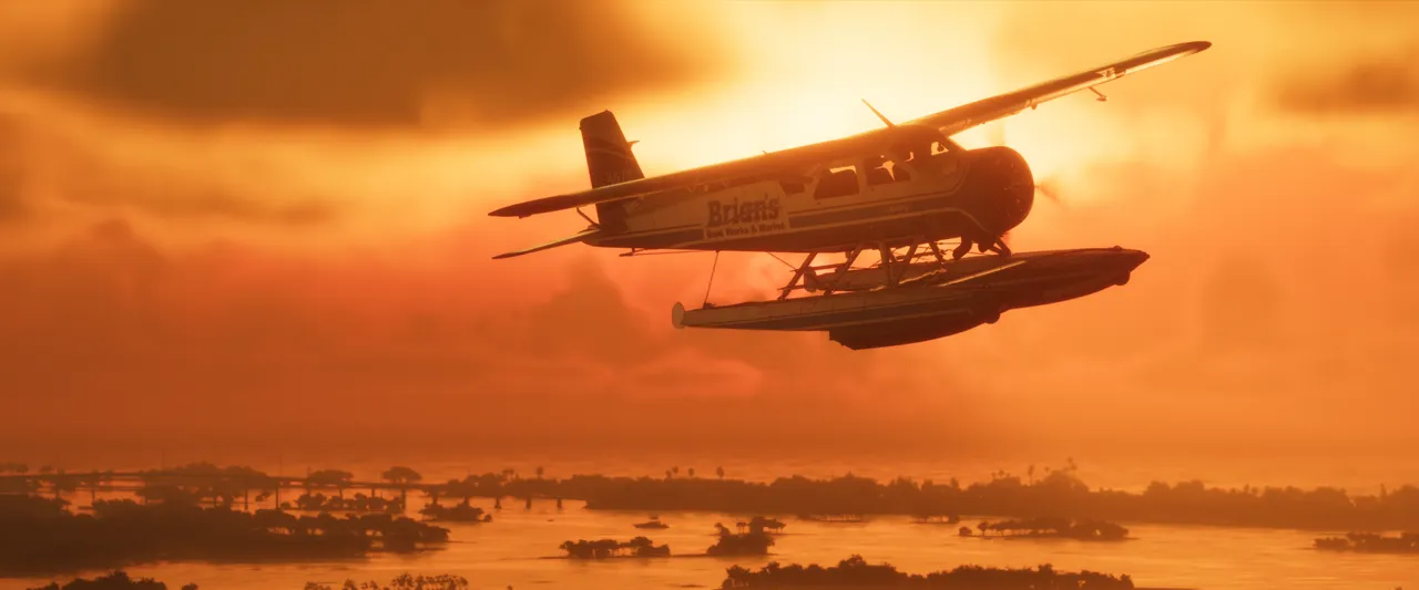 A seaplane marked "Brian's," seen in profile against the light, in flight under an orange sunset sky above water dotted with wooded islands, a bridge in the distance on the left.