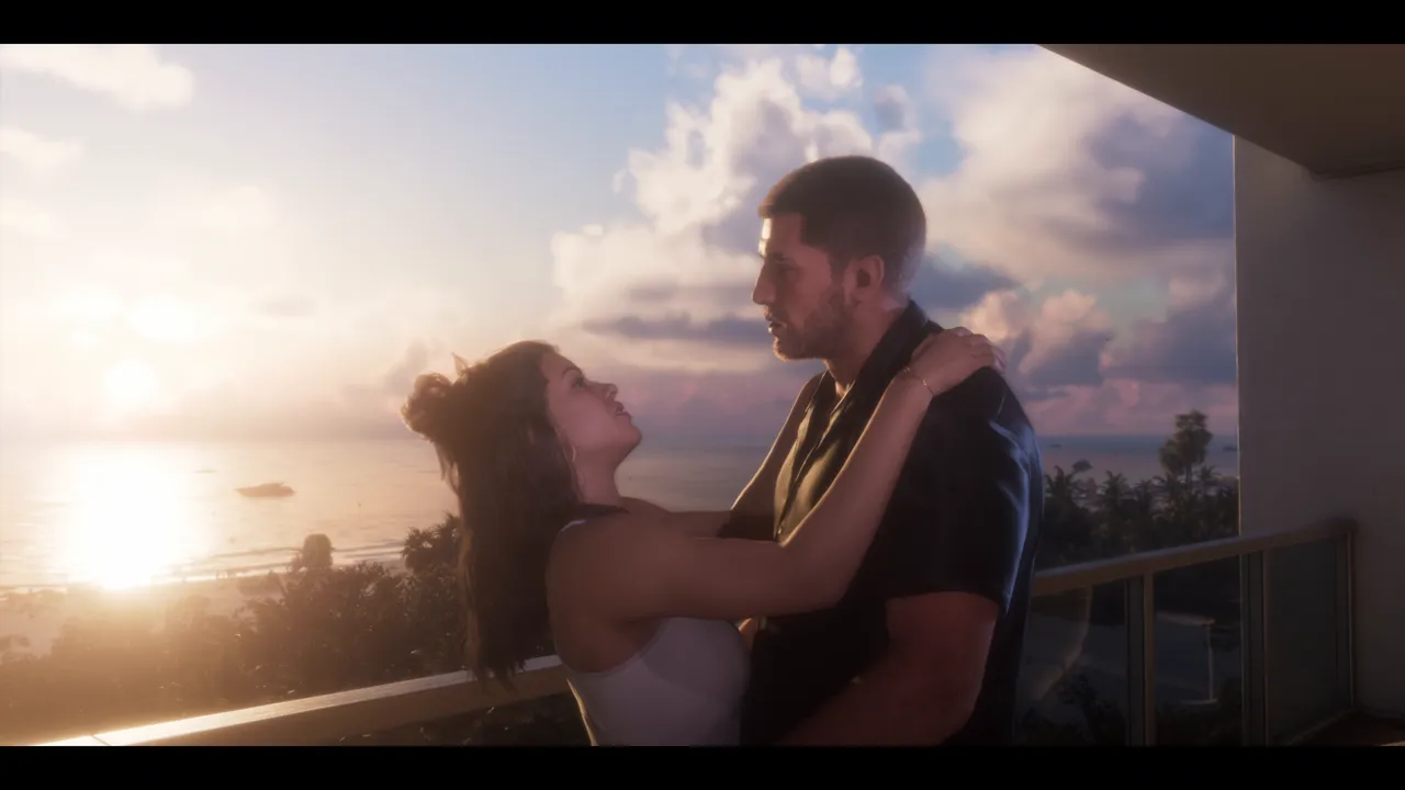 Jason et Lucia enlacés sur un balcon au coucher du soleil, la mer et le soleil bas en arrière-plan.