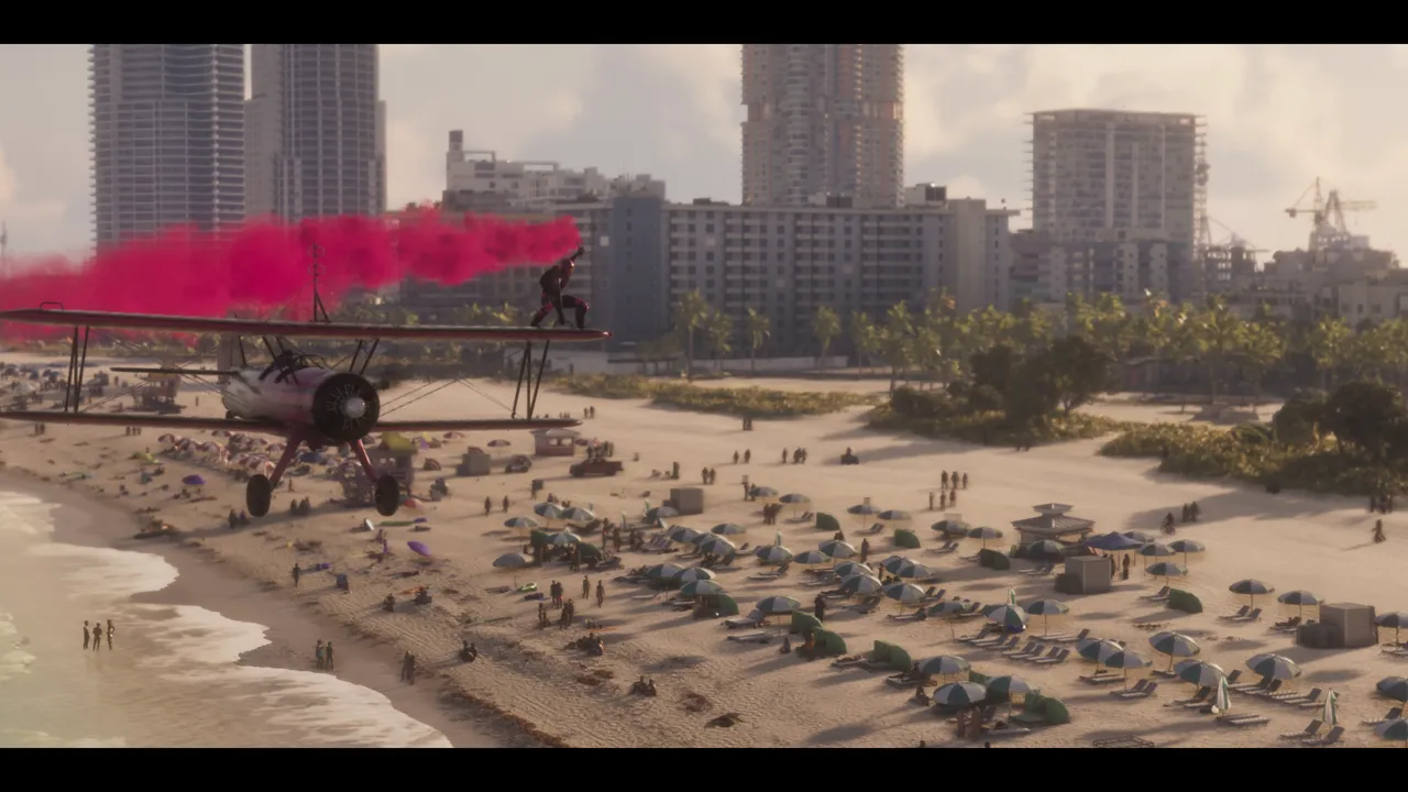 A biplane skims a beach crowded with umbrellas, trailing pink smoke; a figure stands on the upper wing, towers in the background.