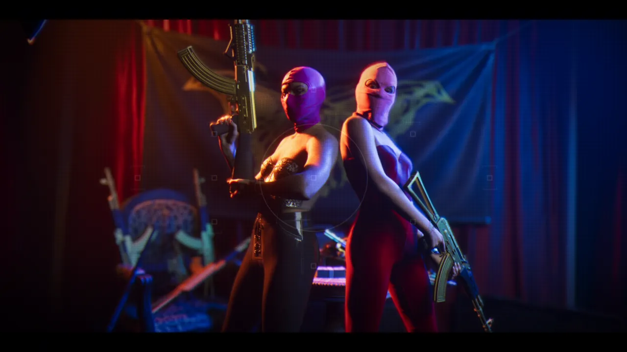 Two figures in pink balaclavas, long guns in hand, side by side in front of a stretched cloth backdrop and red curtains, under blue and red light.