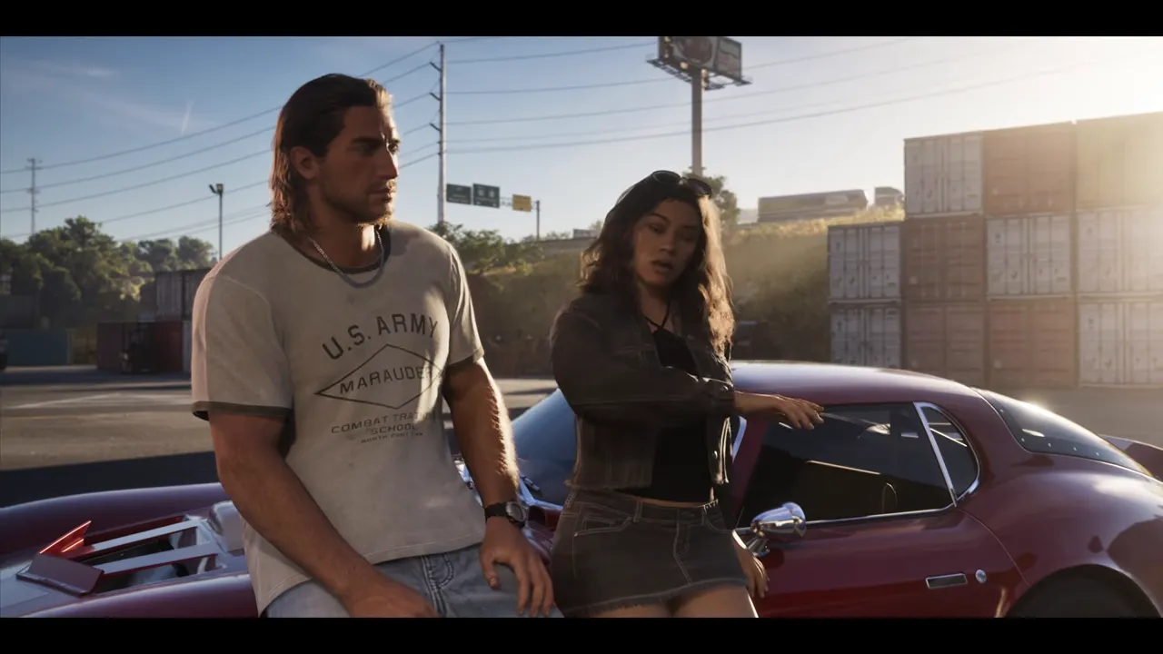 Un homme en t-shirt « U.S. ARMY » et une femme en veste sombre, appuyés sur une voiture de sport rouge, devant des conteneurs empilés.